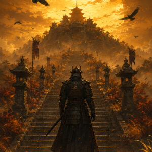 samurai all’alba sulle scale del tempio